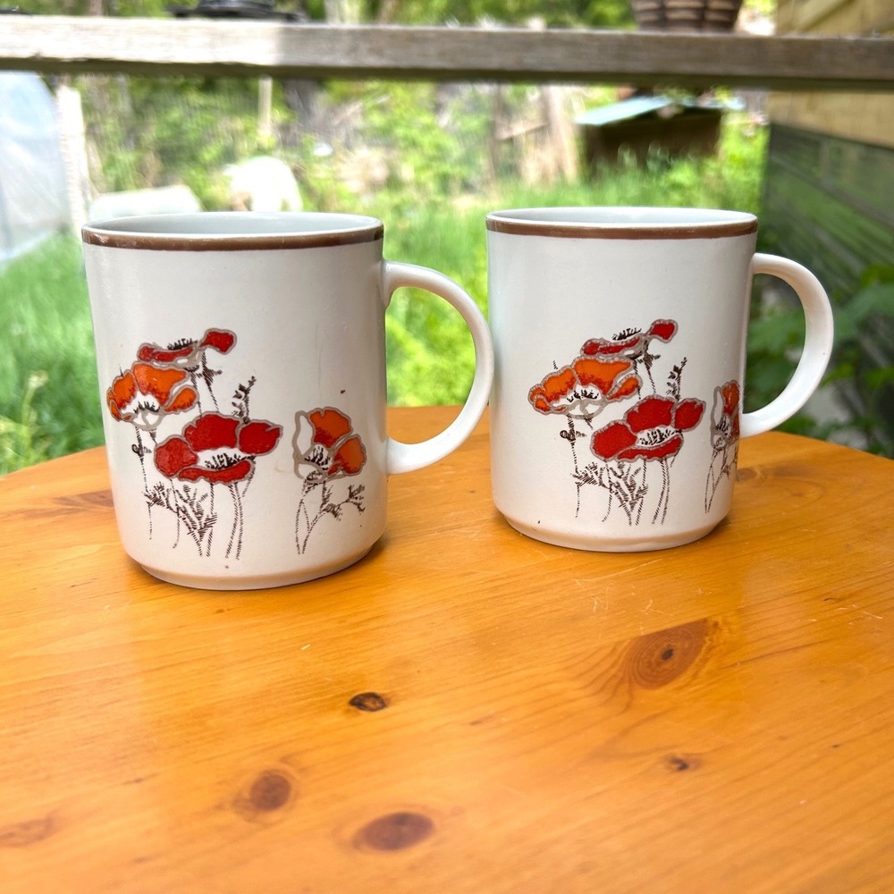 Vintage Fieldflower Coffee Mugs Set of 2 White Red Orange Royal Doulton Cottage